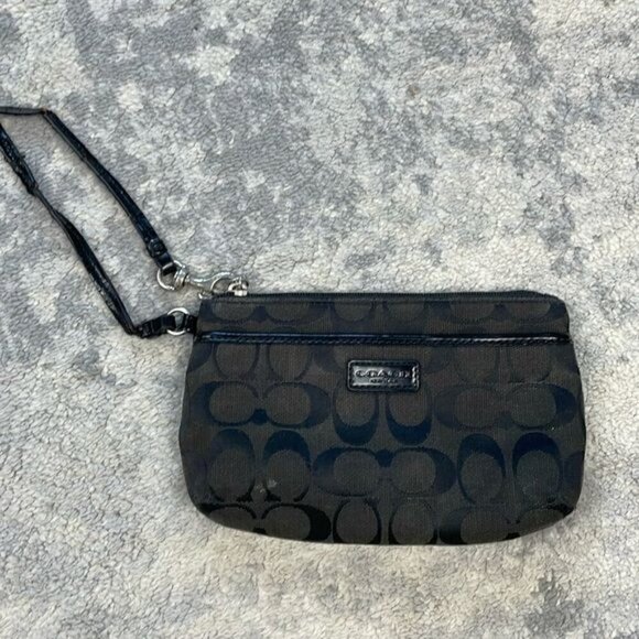 Coach Signature Zip Top Wristlet Pouch Monogram Black Dark Brown - Picture 2 of 16